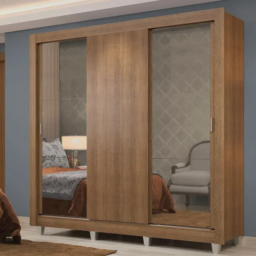 Guarda-Roupa Casal Madesa Lyon Plus 3 Portas de Correr com Espelhos 4 Gavetas com Pés Rustic