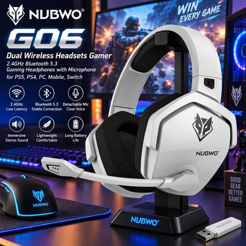 NUBWO G06 Fones de Ouvido Gamer sem Fios 2.4GHz Bluetooth 5.3 com Microfone para PS5, PS4, PC, Celular, Switch, Áudio Stereo para Jogadores