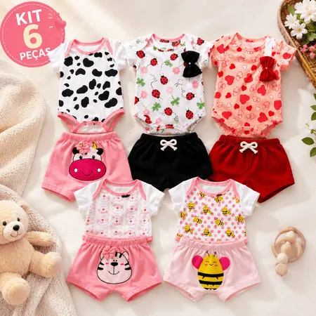 Kit 6 Peças Roupa de Bebê Body Menina Animado Estampado Algodão