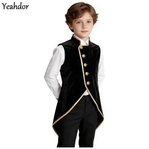 Jaqueta de Casaco de Veludo Gótico Steampunk Renascentista Medieval Retrô para Meninos com Acabamento Metálico Colete Vitoriano Fantasias de Carnaval e Halloween