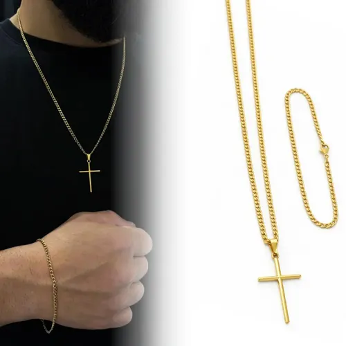 Corrente Cordão Masculino Aço Inox Banhado a Ouro 18k + Pulseira e Pingente Cruz Crucifixo Correntinha Masculina Grumet Gourmet 1x1 Banhada Escama de Peixe Escamada Colar 60cm Inoxidavel Fina 3mm