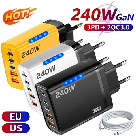 Carregador de mesa USB C GaN 5 em 1 de 240W com carregamento rápido, adaptador para telefone, cabo trançado tipo C para iPhone, Samsung, Xiaomi, com plugue EU/US.