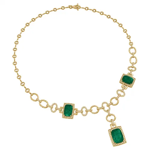 Colar 40 cm com 3 Esmeraldas Retangulares e Elo com Diamantes em Ouro 18K