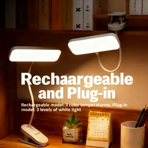 Luminária de mesa LED com clipe e proteção para os olhos, 360 °   Luminária de mesa LED flexível, recarregável por USB e com ajuste de intensidade, ideal para quarto, escritório e leitura.