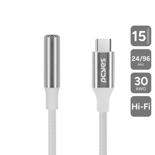 Cabo USB-C para P3 Fêmea PCYES Hi-Fi Nylon Branco 15cm P3UCP-15HFB