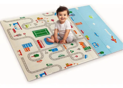Tapete Infantil Emborrachado Sensorial Dobrável Dupla Face Educativo Cidade I Love Baby