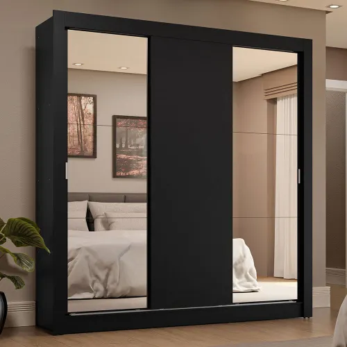 Guarda-Roupa Casal 3 Portas de Correr com Espelhos 4 Gavetas Preto Sublime Plus Madesa