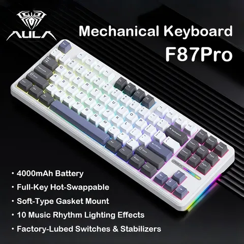 AULA F87 PRO Teclado para jogos sem fio Bluetooth com fio Tri Mode Hot Swappable com luz de fundo RGB e botão de volume
