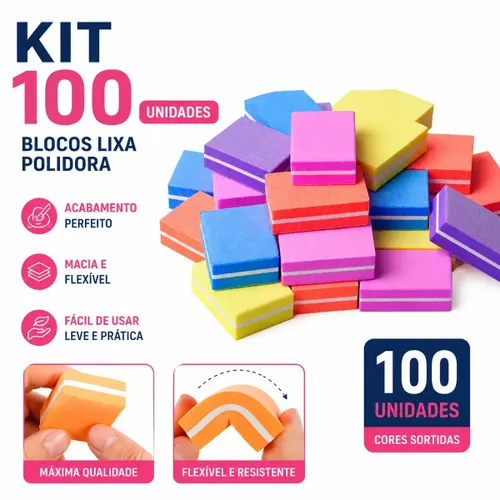 Kit 100 Mini Lixas Bloco Buffer Quadrada Polidora Manicure Unha Gel