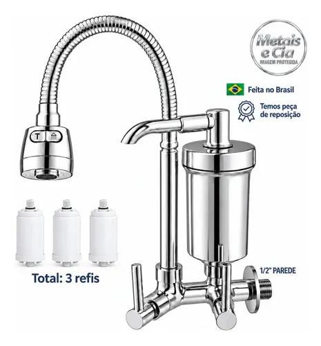 Torneira com Filtro Cozinha Parede Gourmet Flexível Filtro 3 Refis Cromado Bica Cozinha Purificador de Agua