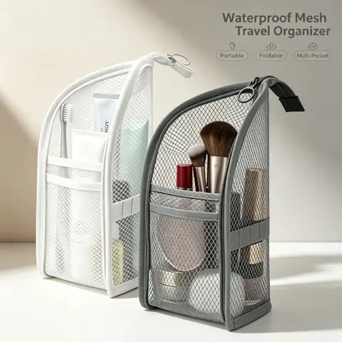 Bolsa de Higiene Pessoal em Malha, Portátil, Impermeável em EVA, Organizador de Cosméticos e Escova de Dentes Dobrável para Viagem, Bolsa de Armazenamento para Banheiro Feminino