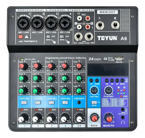 Mesa de Som Digital Teyun A6 6 Canais Bluetooth USB Phantom
