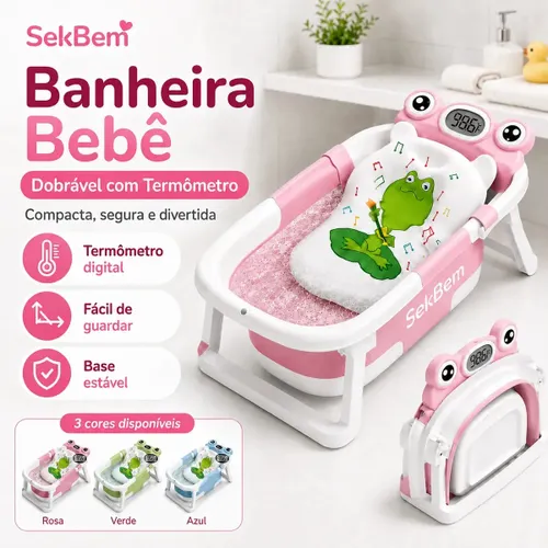 Banheira Bebê Dobrável Flexível com Termômetro e Almofada de Banho Cor Rosa
