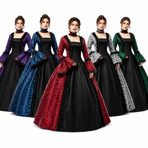 Vestido Maxi Vintage Medieval Gótico com Decote Quadrado, Manga Flare e Aplicações de Renda, Traje de Cosplay de Halloween de Rainha e Princesa da Corte
