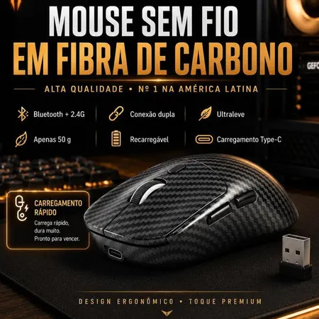 Mouse Gamer sem Fio Bluetooth 5.4 e 2.4G, DPI 800/1200/1600, Botões Laterais e Carregamento USB-C