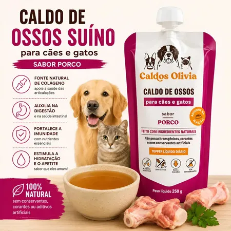 Caldo de Ossos Suíno para Cães e Gatos Olivia Natural Palatabilizante de Ração