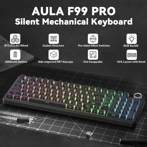 AULA F99Pro Estrutura de junta de teclado de baixo ruído Teclado mecânico RGB de troca quente com botão de mídia