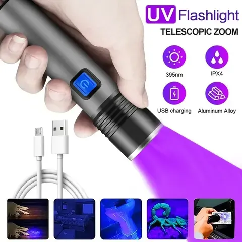 Lanterna uv de 395nm, luz negra, recarregável por usb, com zoom, luz ultravioleta, para detector de urina de animais de estimação, cura de resina