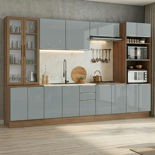 Armário de Cozinha Completa 340 x 60 cm Rustic/Cinza Lux Madesa 04