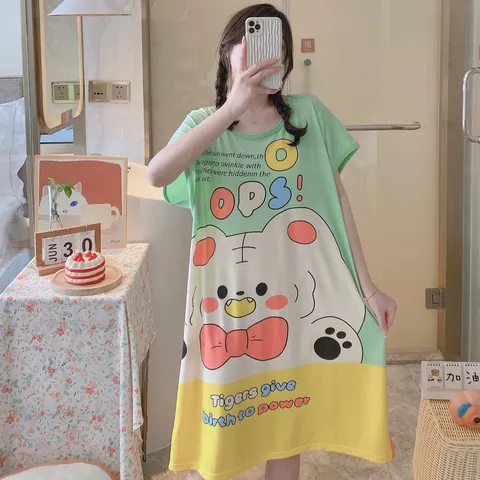 1 peça, camisola fofa de desenho animado para meninas de verão e outono, vestido confortável de manga curta, roupa de casa feminina, pijama de poliéster