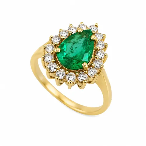 Anel Gota Esmeralda com 16 Diamantes em Ouro 18K
