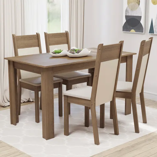 Conjunto Sala de Jantar Madesa Cali Mesa Tampo de Madeira com 4 Cadeiras Rustic/Crema/Bege