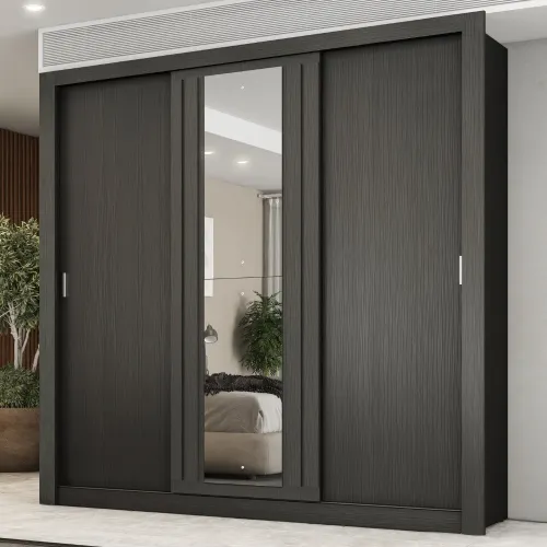 Guarda Roupa Casal 3 Portas Doha c/ Espelho Central Carraro Preto Touch
