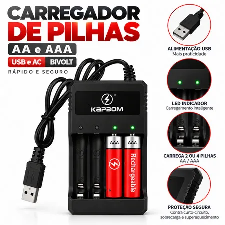 Carregador de Pilha AA e AAA Bivolt Kapbom USB e AC Rápido