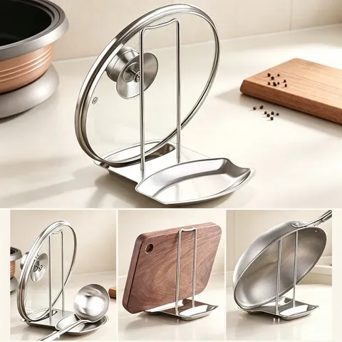 Tampa de panela de aço inoxidável rack destacável pan capa prateleira cozinha multifuncional espátula titular colher suporte acessórios cozinha