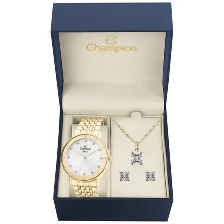Relógio Feminino Champion Diva Dourado CN29703W com Colar e Brincos Original