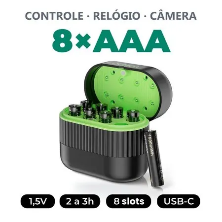 Kit 8 Pilhas Recarregáveis AAA Palito Lítio 1,5V com Carregador USB-C para Controle Remoto