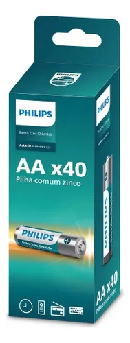 40 Pilhas Zinco Aa Philips Bateria Caixa C/40 Unidades