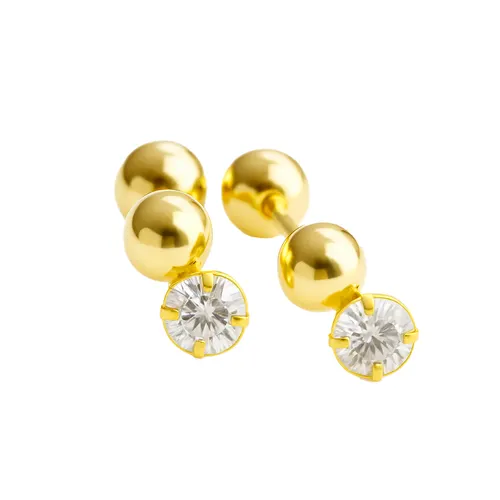 Brinco Bola de 3 mm em Ouro 18K com 2 Zircônias de 2,5 mm