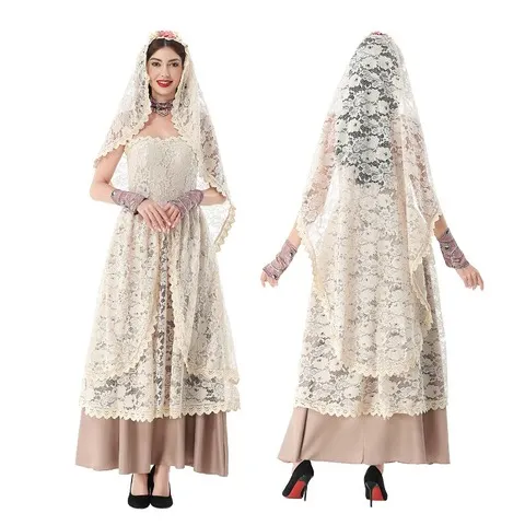 Vestido Maxi Vintage de Renda para Mulheres com Véu de Renda, Vestido Longo Floral sem Alças para Halloween, Casamento, Festa Temática e Fantasia para Adultos