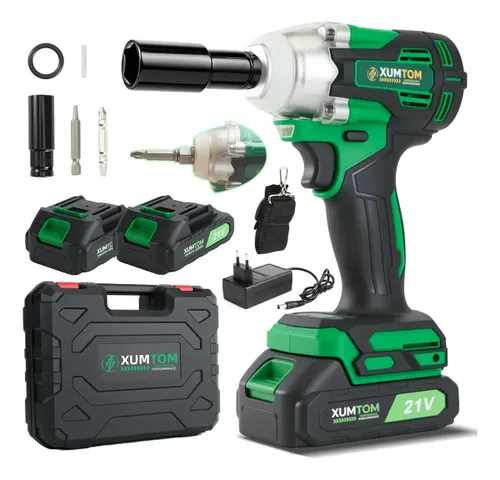 Chave de Impacto Bateria 21v 450nm SH450 XUMTOM 1/2 Pol Parafusadeira Recarregável sem Escova com 2 Baterias e Maleta