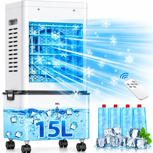 15L Climatizador de Ar Portátil 4 em 1 Umidificador Evaporativo Ventilador Frio 6 Velocidades 2 Modos Controle Remoto Timer 24H Painel Touch LED com 4Caixas Gelo Rodízios 360° Reservatório Silencioso