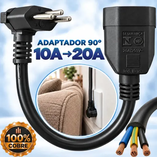 Adaptador de Tomada Two Lef 20A para 10A com 3 Pinos, Bivolt e Cabo de 90 Graus