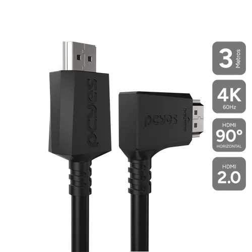 Cabo HDMI PCYES 2.0 90° Horizontal 4K 60Hz Preto 3 Metros PHM20-3H-001