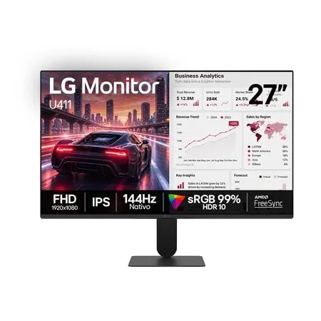 Monitor PC Gamer LG com Tela IPS 27", 144Hz, 1ms (MBR), AMD FreeSync™, HDR 10, sRGB 99%, Reader Mode, Flicker Safe, HDMI, VGA, saída de fone de ouvido - 27U411B - 27U411B-B