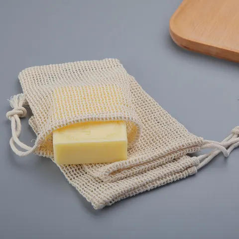Saco de algodão natural para economizar sabonete, 3 peças, ecológico, feito à mão, bolsa de malha de algodão para limpeza corporal e cuidados com a pele