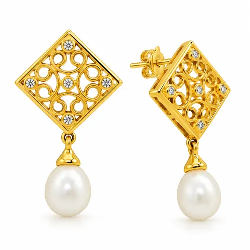 Brinco Pêndulo 8mm com Diamante e Pérolas em Ouro 18K