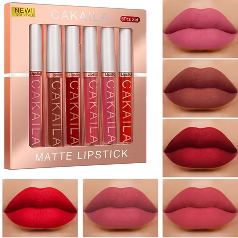 Cakaila conjunto de batom gloss de 6 cores, líquido fosco, veludo fosco, maquiagem feminina de longa duração, à prova d'água, copo antiaderente, não desbota