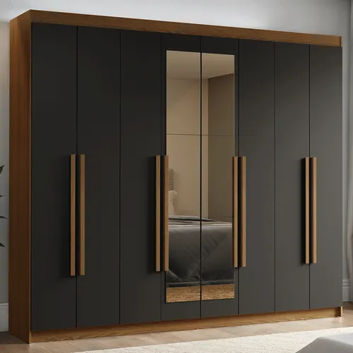 Guarda-Roupa Casal 8 Portas Batentes com Espelho Rustic/Preto/Rustic Venus Madesa