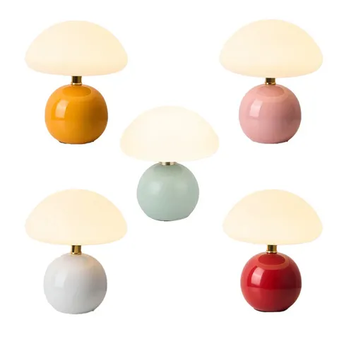Luminária de mesa pequena em formato de cogumelo, com acabamento em cerâmica moldada e efeito creme, ideal para criar um ambiente acolhedor, com proteção para os olhos, lâmpada LED, luz decorativa para cabeceira de quarto.