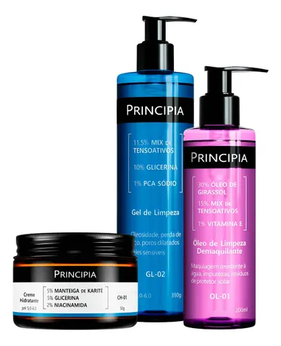 Principia Kit Limpeza e Hidratação Ch-01 + Ol-01 + Gl-02 Todo Tipo de Pele Dia/noite