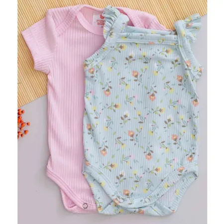 Kit 2 Body Bebê Canelado Verão Manga e Babado Infantil Rosa e Estampa Flores Menina