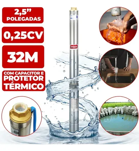 Bomba Submersa Caneta Intech Machine BSCA2 1/4 HP, para Poço Artesiano e Cisterna, de Água Limpa em Aço Inox com 2,5"