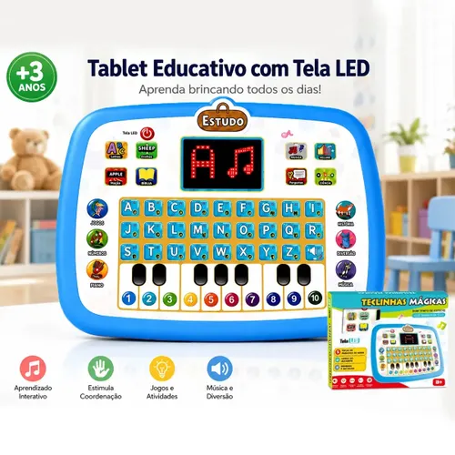 Computador Educacional com Tela de LED, Tablet Educativo Infantil com Teclado de Piano, Letras, Números, Músicas e Animais – Brinquedo Educativo para Crianças 3+ Anos，Azul