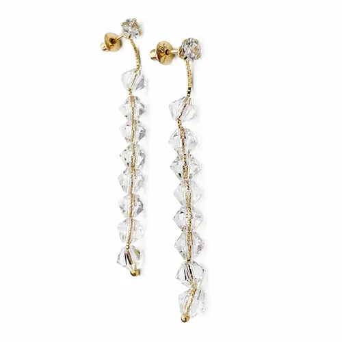 Brinco Gota Quartzo Incolor Zircônias 5 cm em Ouro 18K