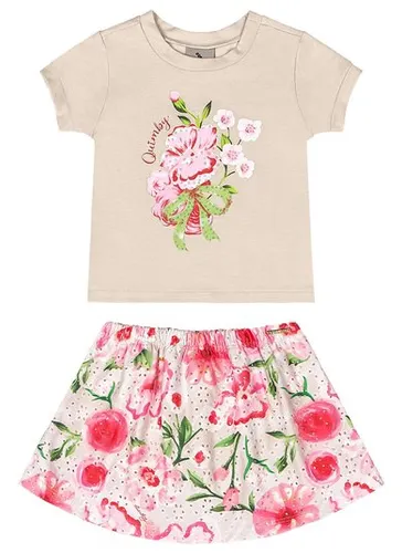 Conjunto com Blusa e Saia Short Floral para Bebê Bege